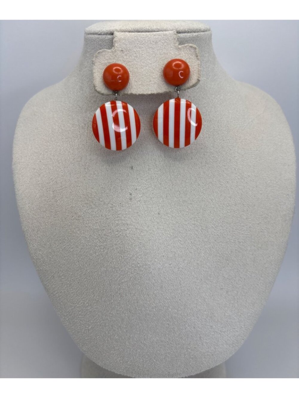 Vintage Striped Resin Acrylic Orange White Pierced Round Dangle Earrings